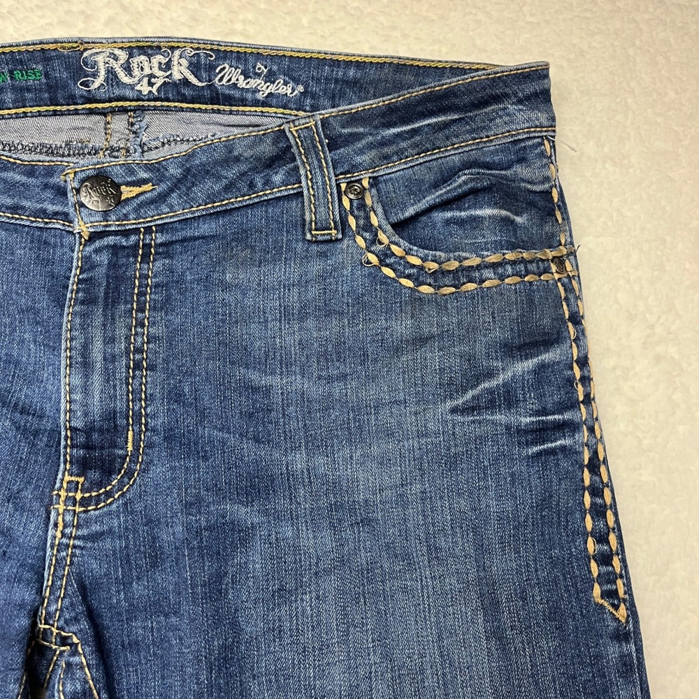 Wrangler Jeans Womens 11/12 Blue Rock 47 Ultra Low Rise Flare Thick Stitch Denim